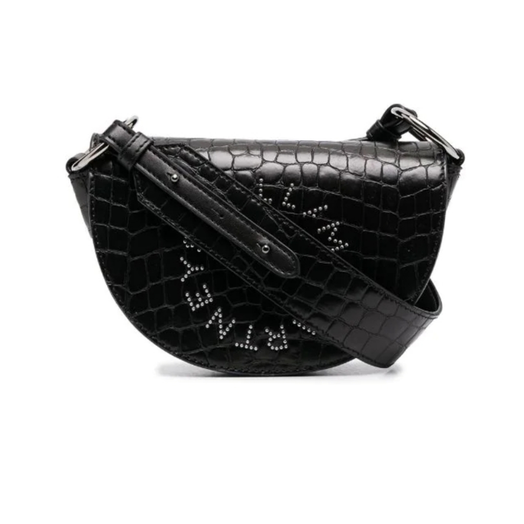 Stella Mccartney Studded Logo Saddle Half Moon Croc-Embossed Black Shoul